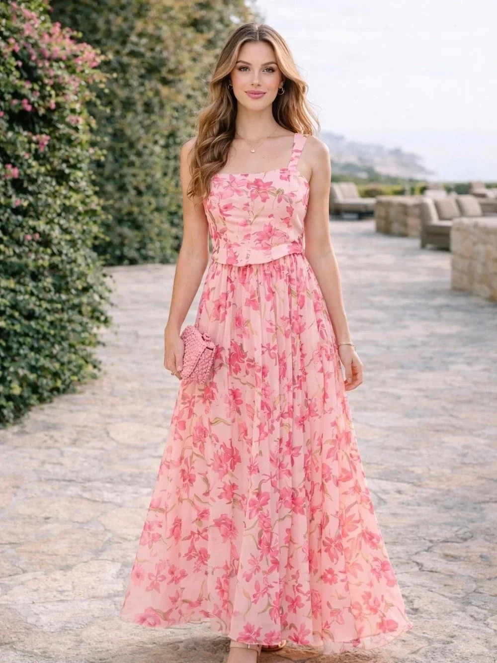 Floral Pink Maxi Dress with Spaghetti Straps
